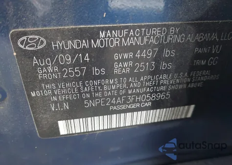 2015 Hyundai Sonata Se z USA, uszkodzony, nr VIN 5NPE24AF3FH058965